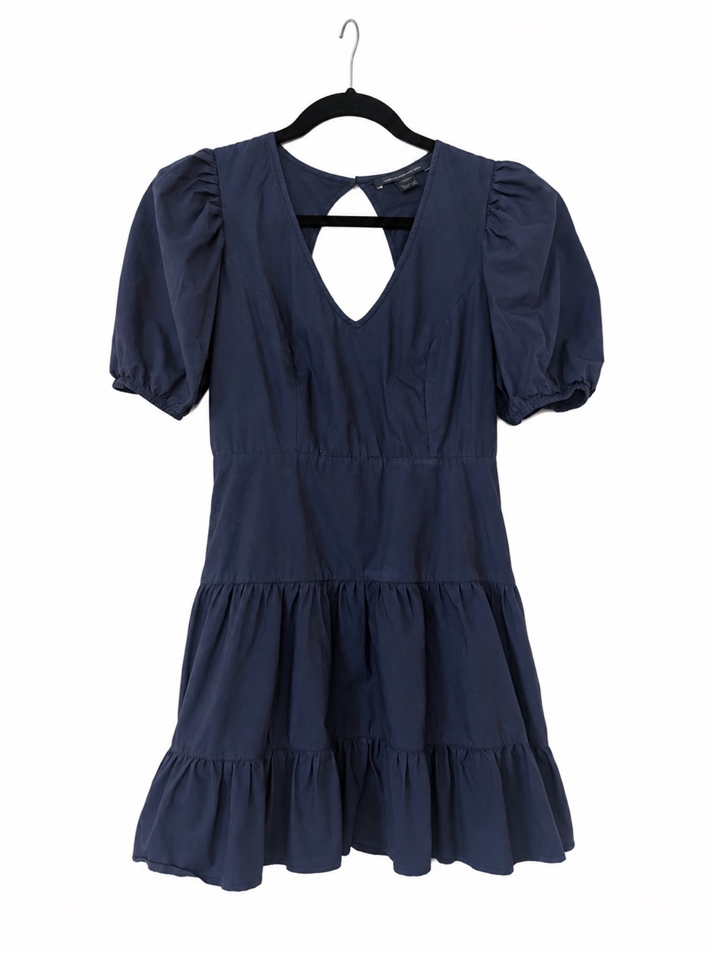 French Connection Navy Tiered V-Neck Puff Sleeve Dress